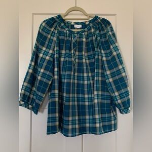 J. Jill Teal and Yellow Plaid Off-Shoulder Top